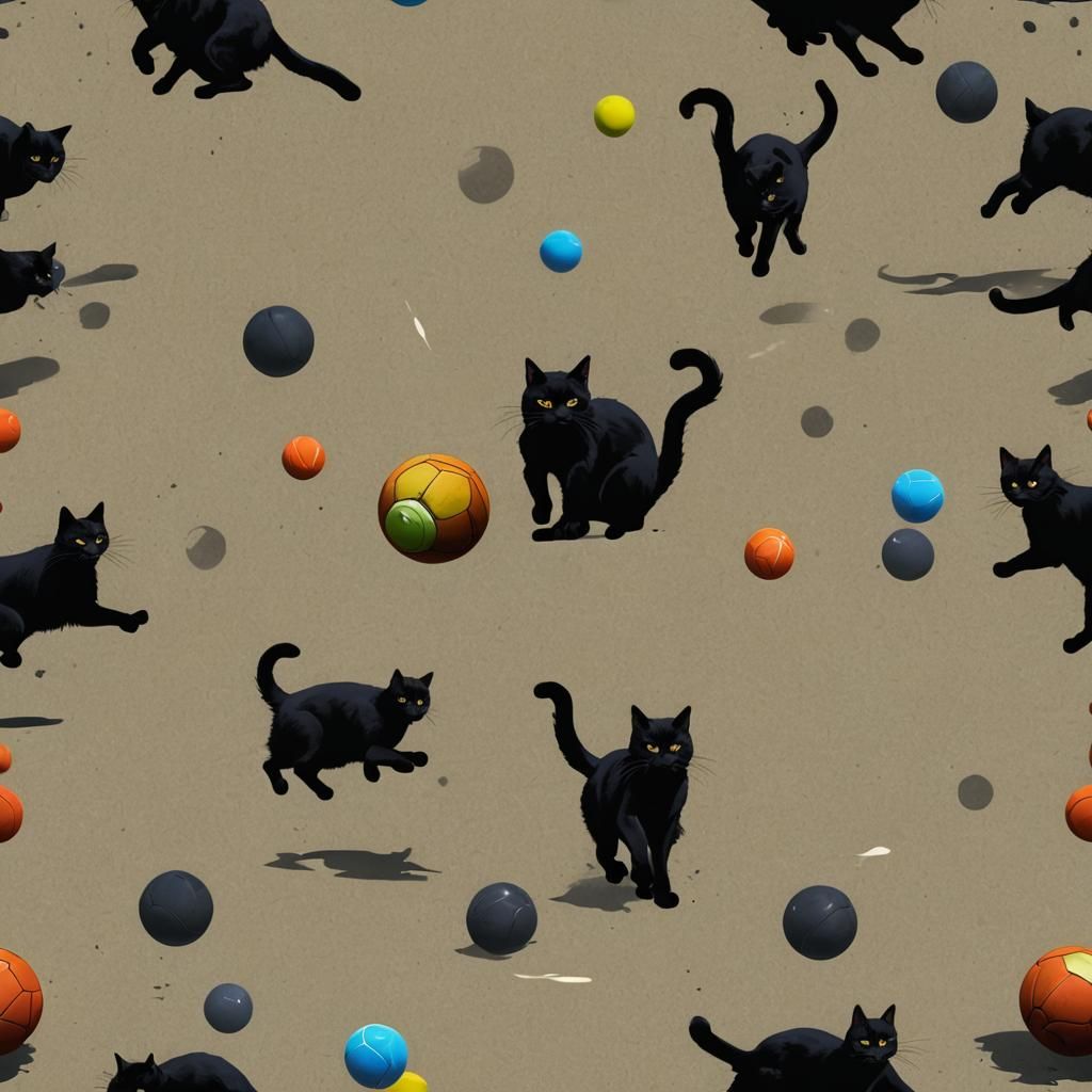 Black Cat Kicks Ball: Detailed Fantasy Art