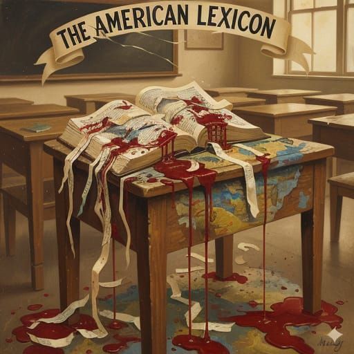 Shredded Dictionary With Red Paint Drips on Desk