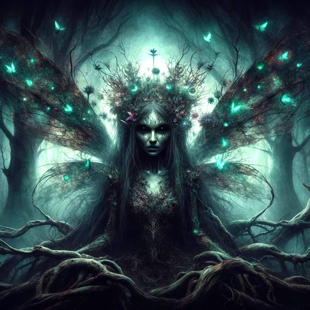 Evil Celestial Fairy on Root Throne in Gothic Art Style