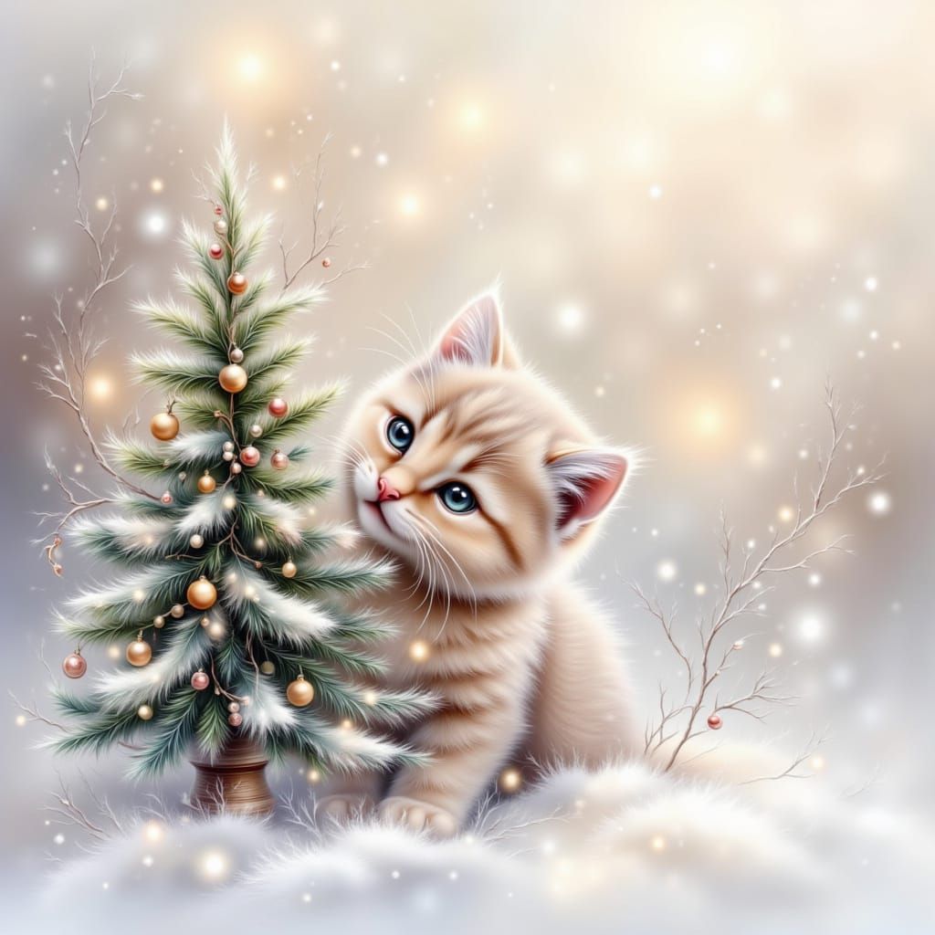 A tiny, fluffy kitten peeks out from behind a miniature, per...