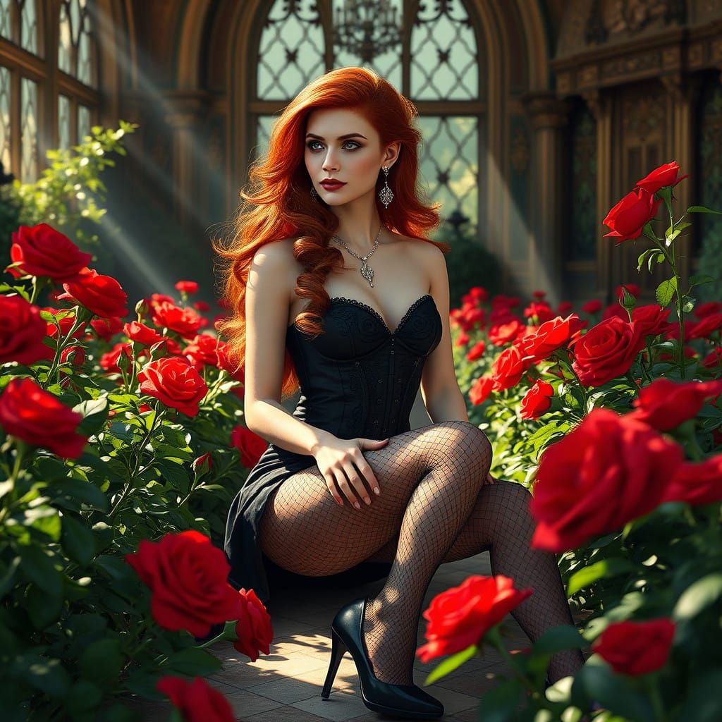 Regal Goddess in Red Rose Garden, Cyberpunk Style