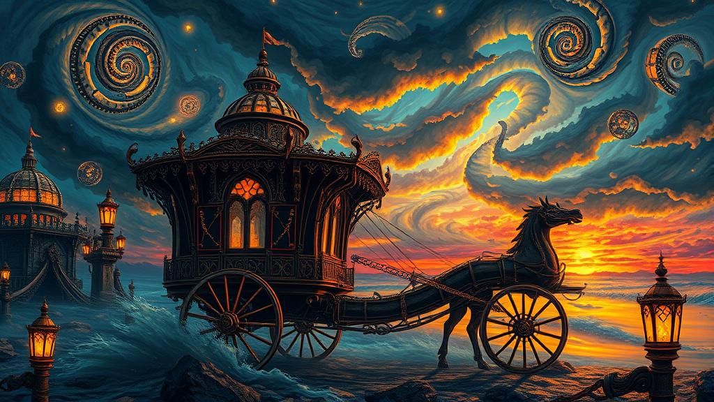 Mystical Carriage in Stormy Twilight: Escher-Inspired Fantas...