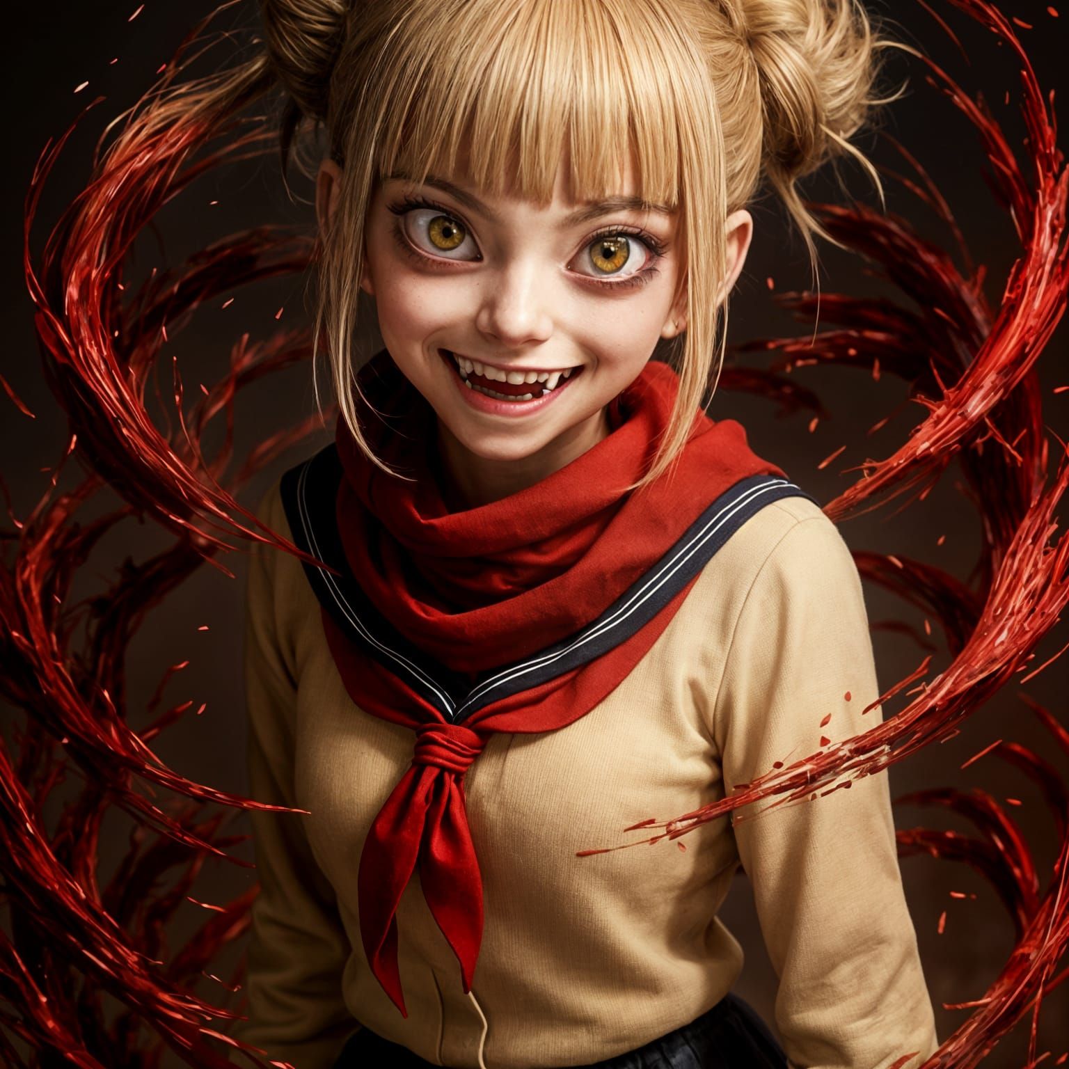Surreal Anime Goddess in Red, Ash Blonde Hair and Chaotic Ey...