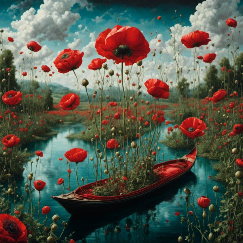 Opium Poppy Syringe Boat: Surreal Gothic Art