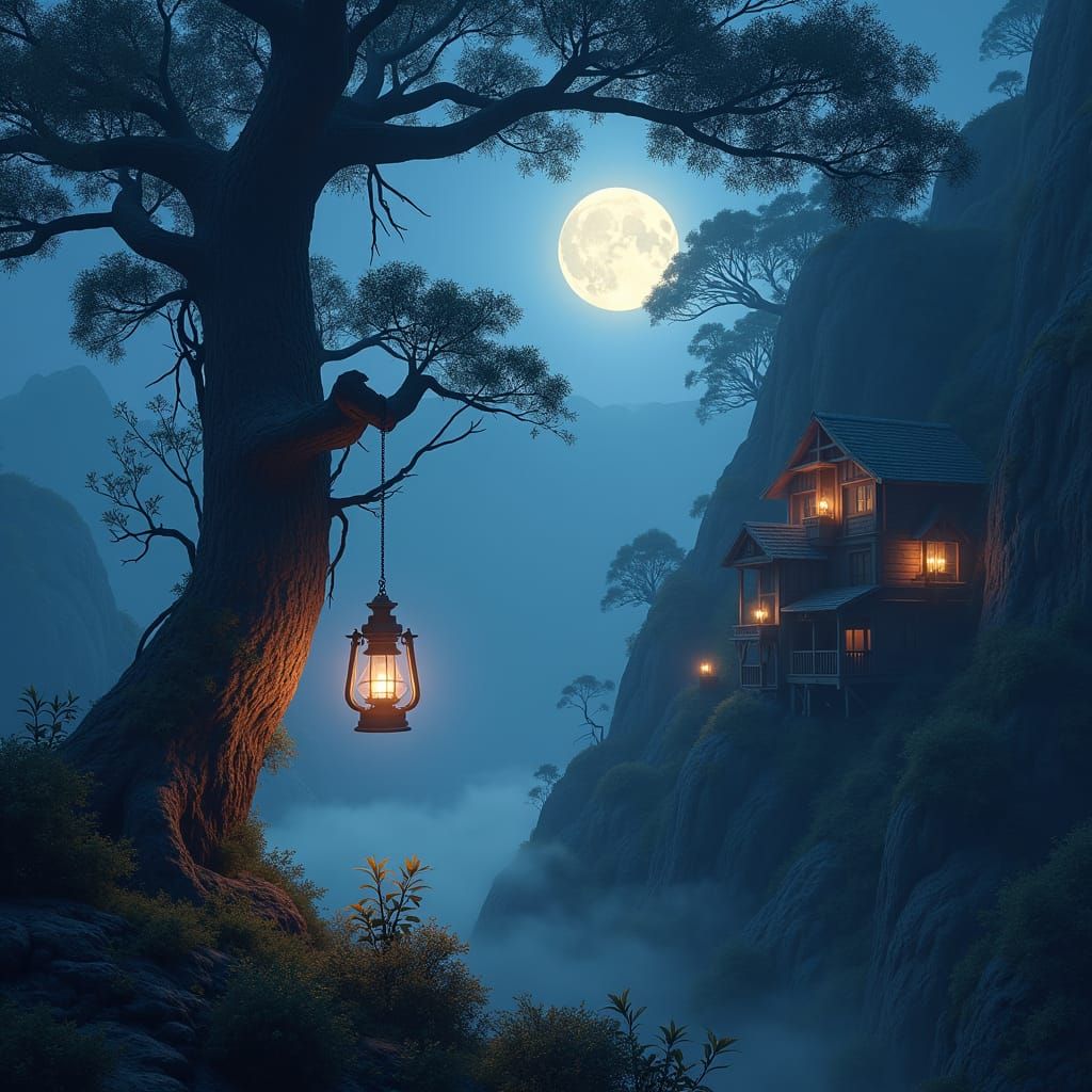Elven Dwellings in Moonlit Forest: Matte Painting
