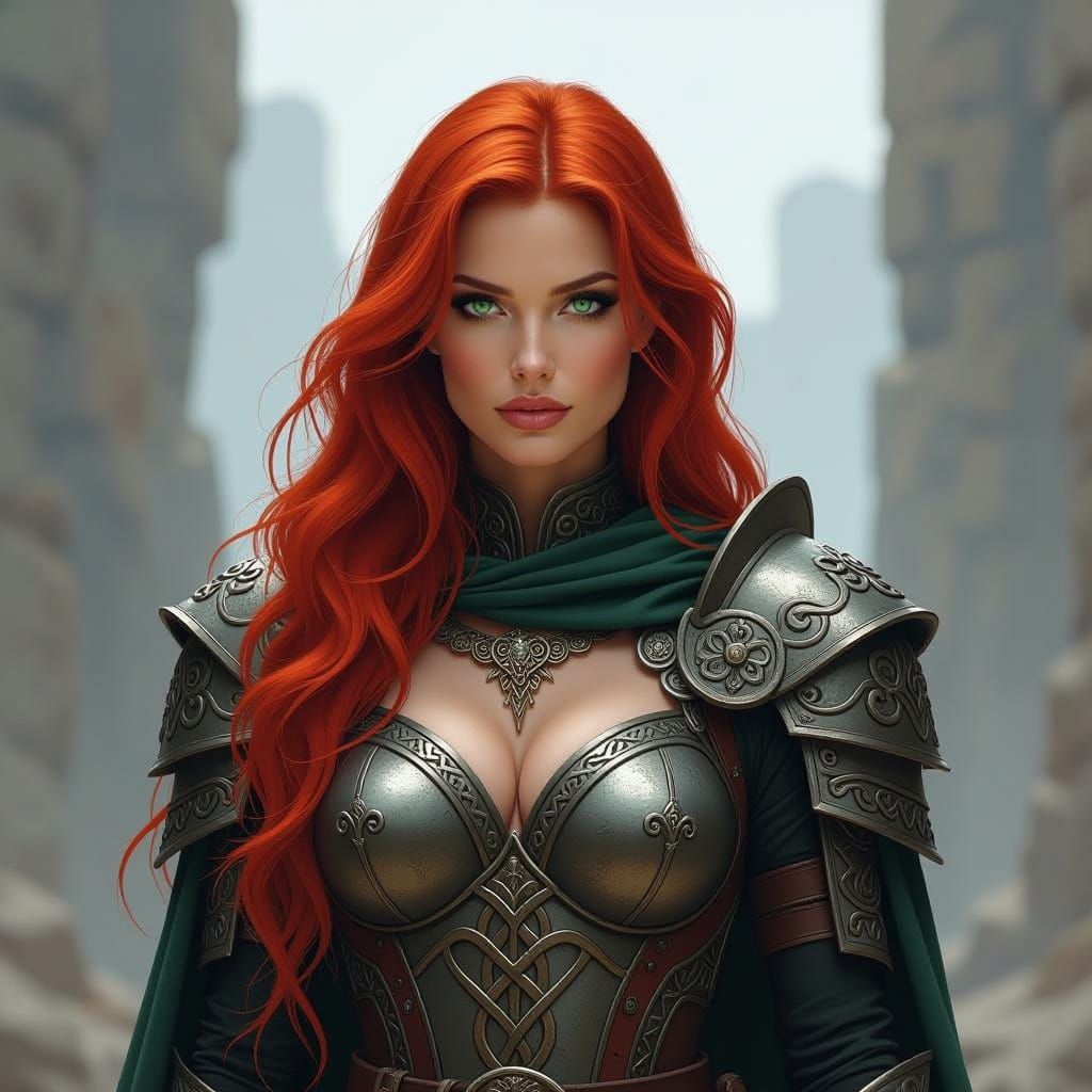 Vigilant Celtic Warrior Maiden with Emerald Eyes