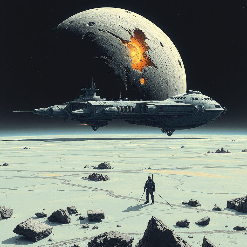 Sci-Fi Spaceship Refueling on Asteroid, Chris Foss Style