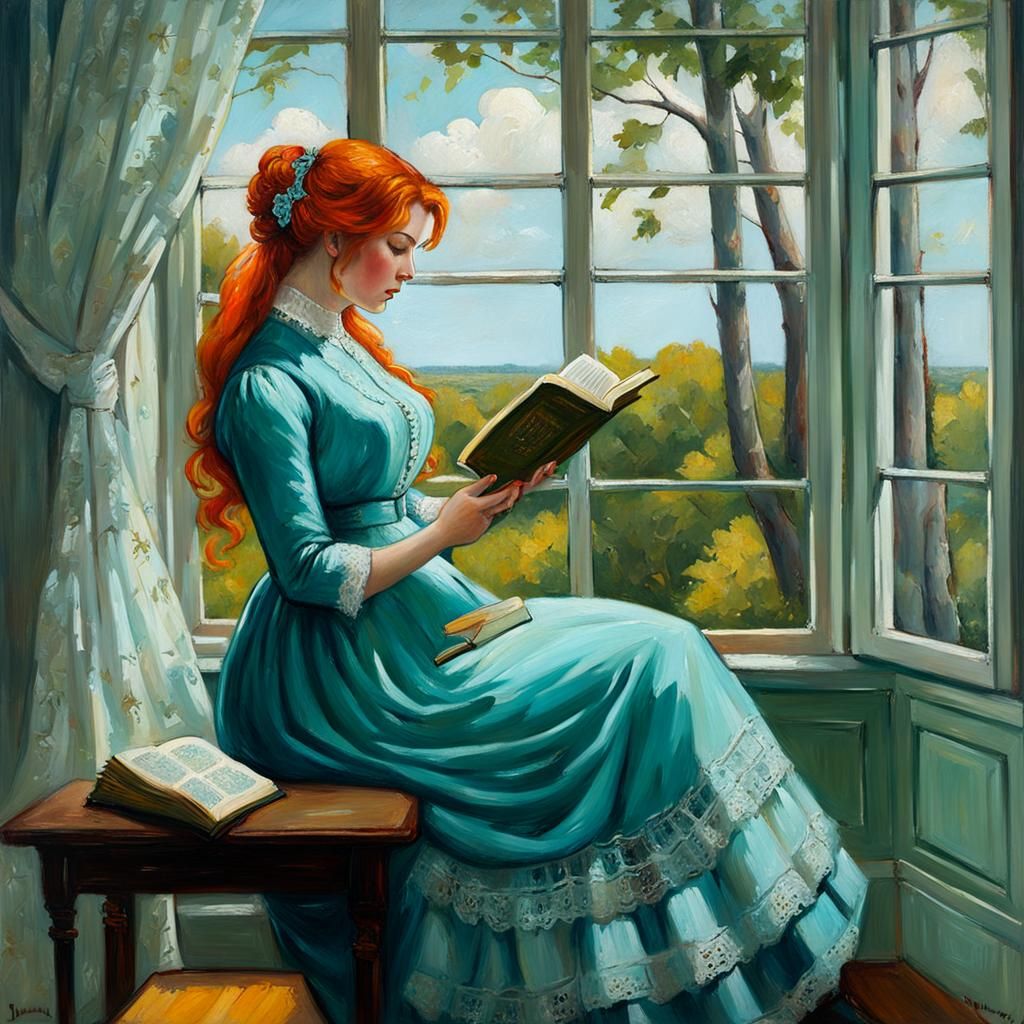 Girl with Orange Hair Reading: Oil Painting