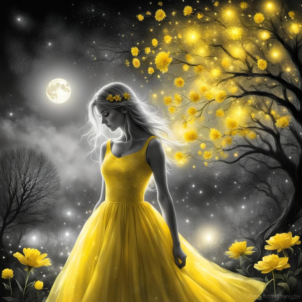 Girl in Yellow Dress with Fairy Lights