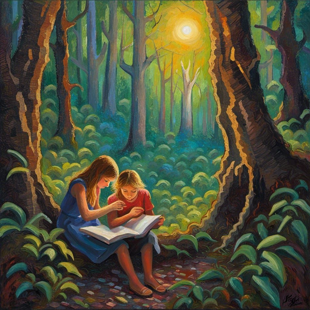 Eerie Glow: Preteens Reading Ancient Book in Forest
