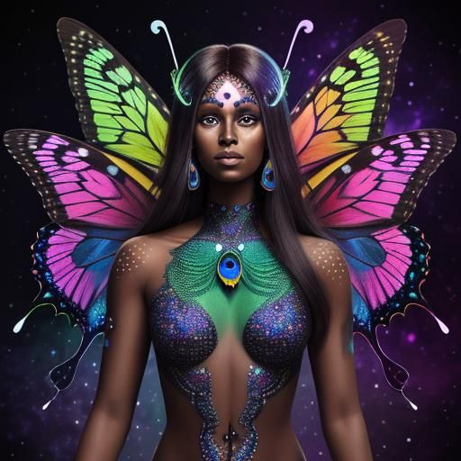 Butterfly Woman with Rainbow Dots and Peacock Feathers