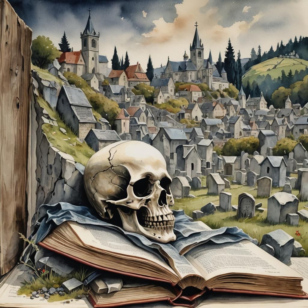 une tête de mort qui surgit d'un vieux livre