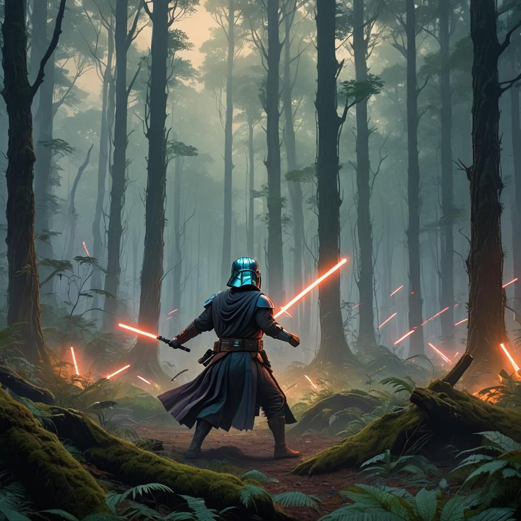 Jedi Warrior Lightsaber Battle in Misty Forest