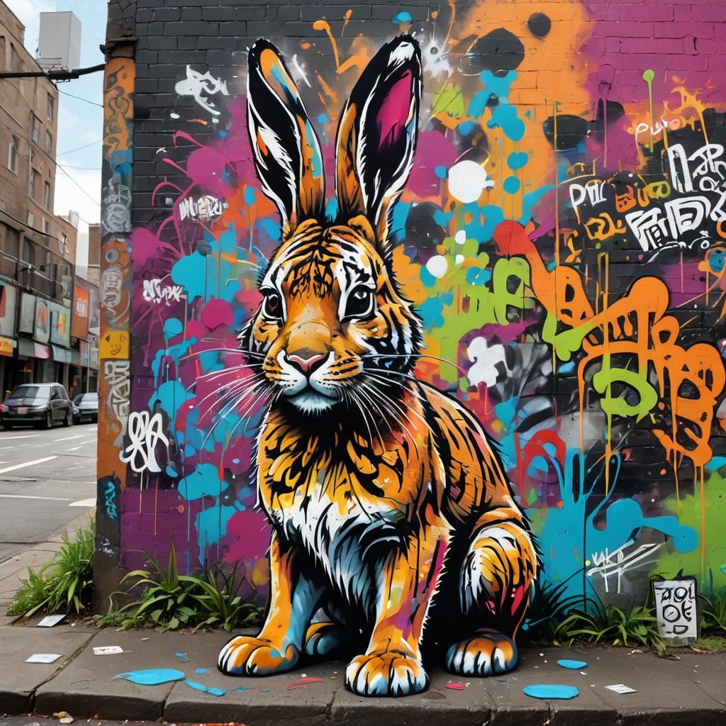 Vibrant Street Art: Rabbit with Tiger Fur