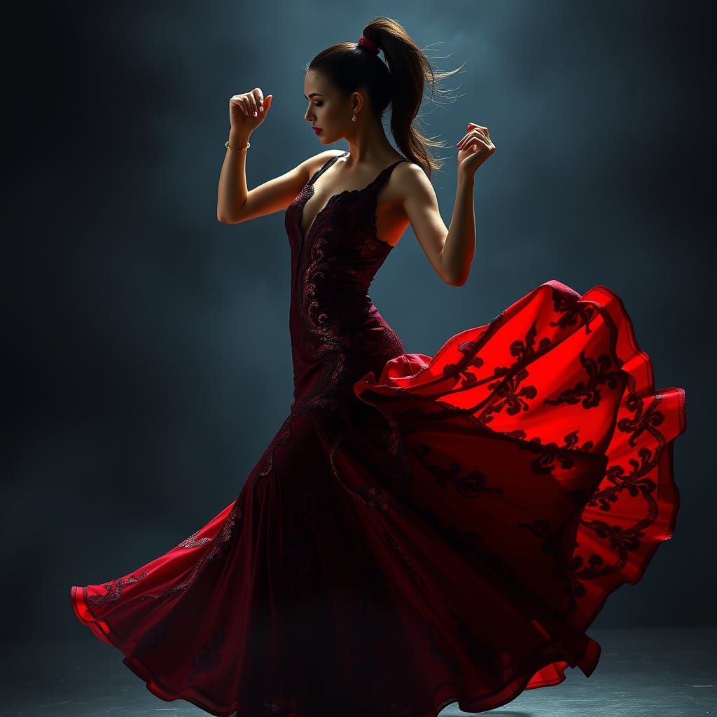 Elegant Woman in Dark, Mystical Latex Dress Dances with Pass...