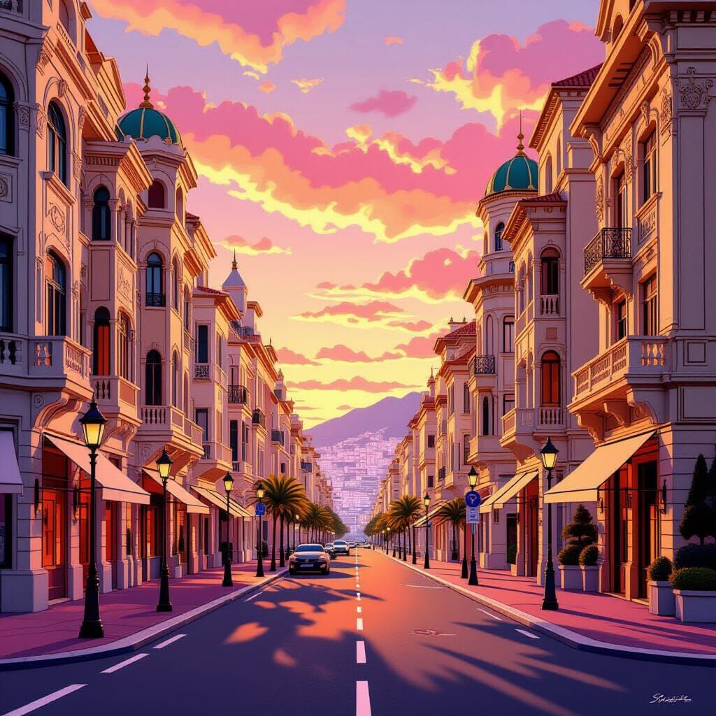 Art Deco Monaco Street at Sunset in Digital Art