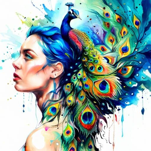 Bejeweled Peacock Portrait in Jungle, Hyperreal Splash Art