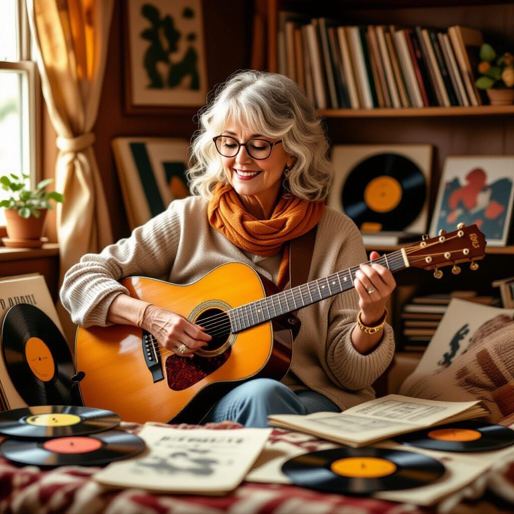 Senior Woman Plays Guitar in Nostalgic Style