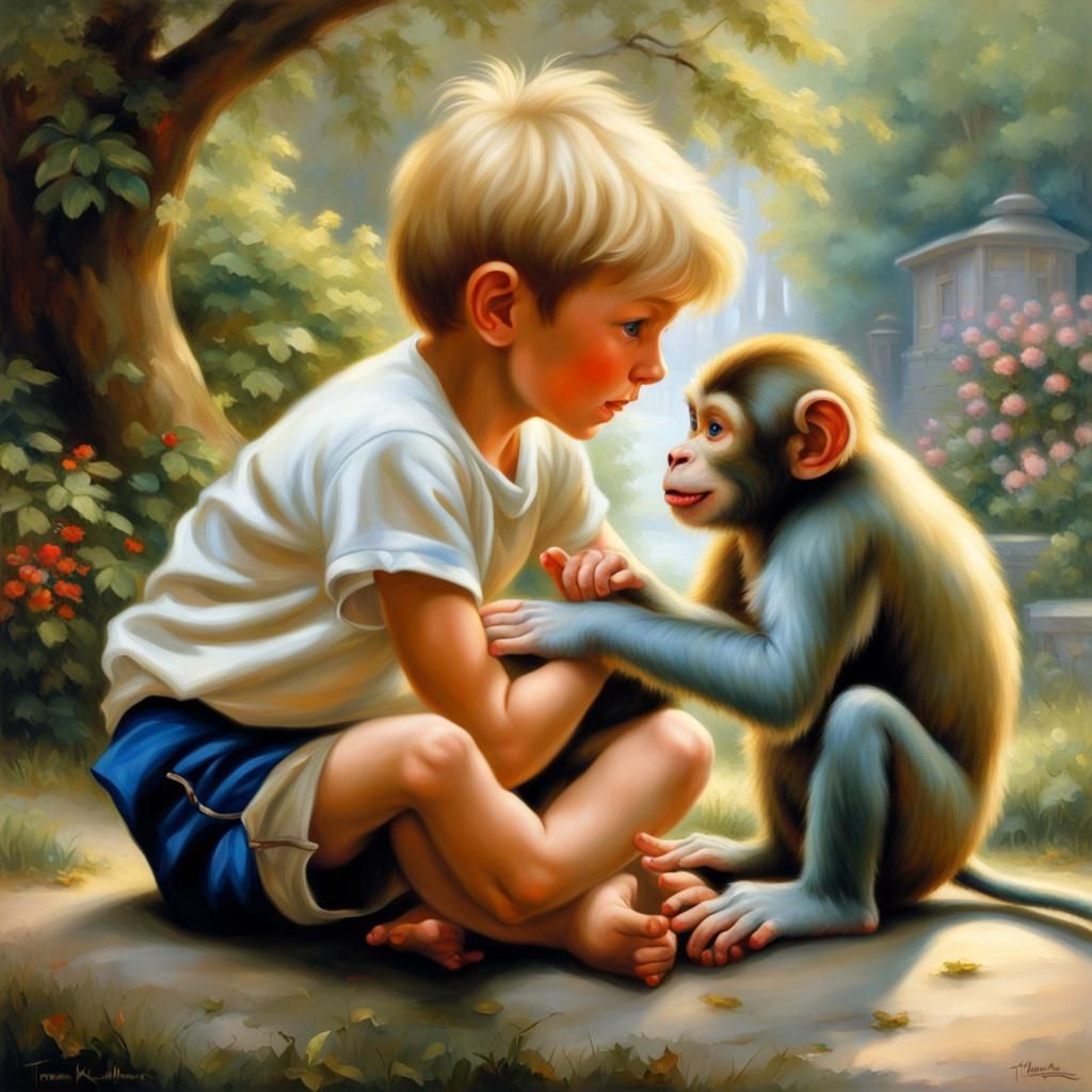 Playful Monkey and Boy: Photorealistic Oil Painting