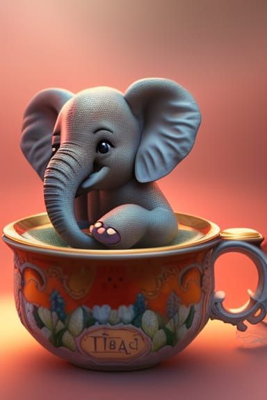 Cute Elephant in Teacup, 3D Render Art