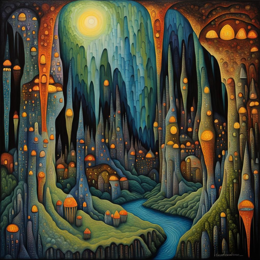 Mystic Bats in Cave, Expressionist Oil Painting