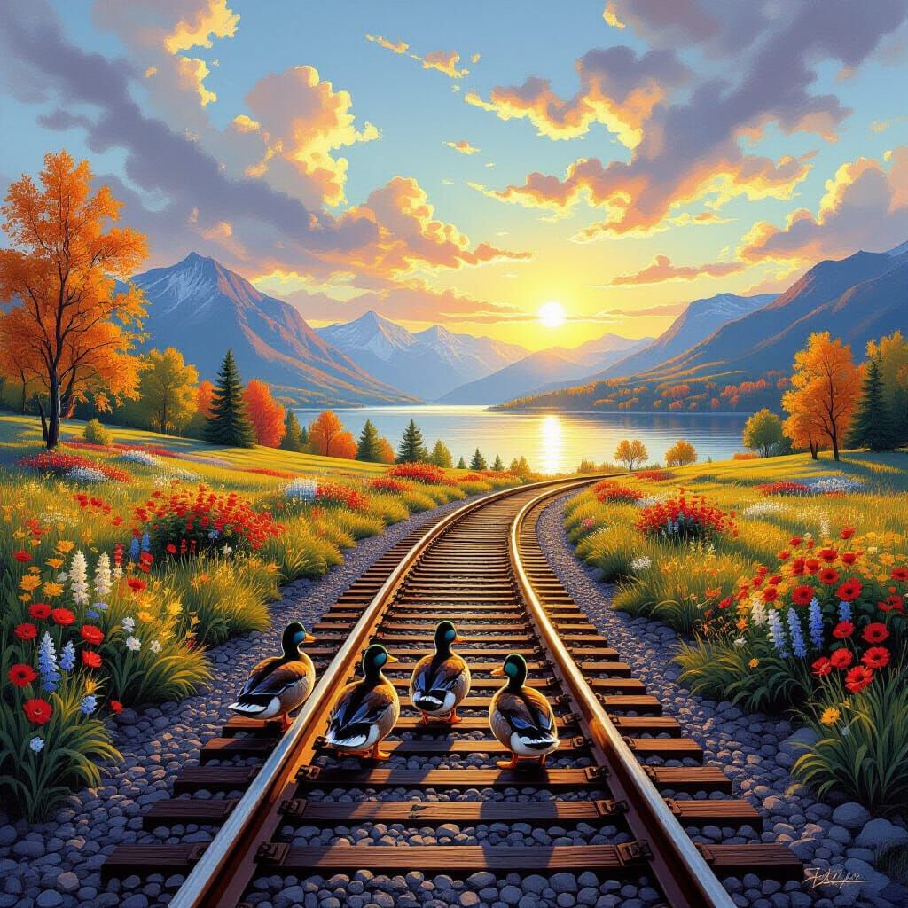 Ducks on Railway Tracks at Sunrise in Vibrant Countryside