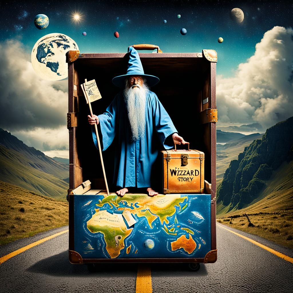 Surreal Travel Scene with Wizard and Walking Box