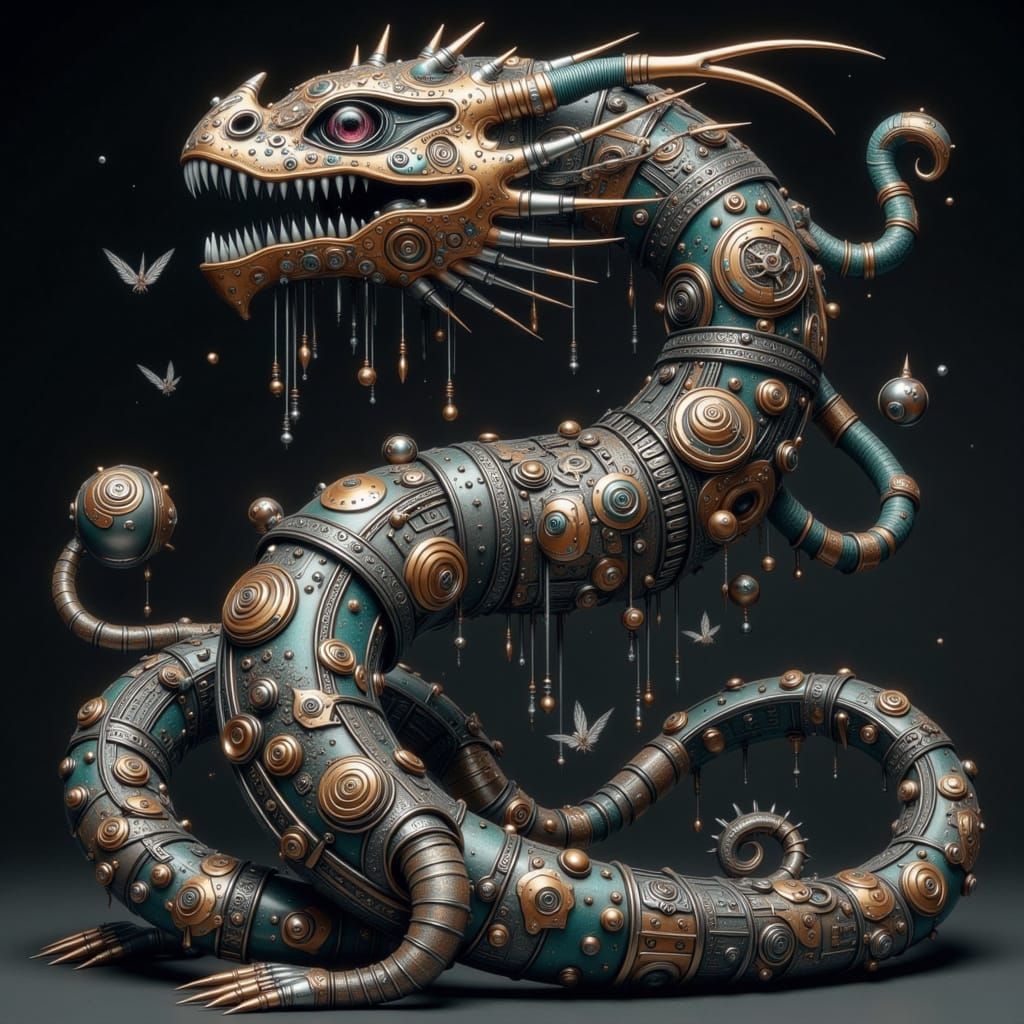Elegant Steampunk Cyber Serpent, Intricately Crafted Mechani...