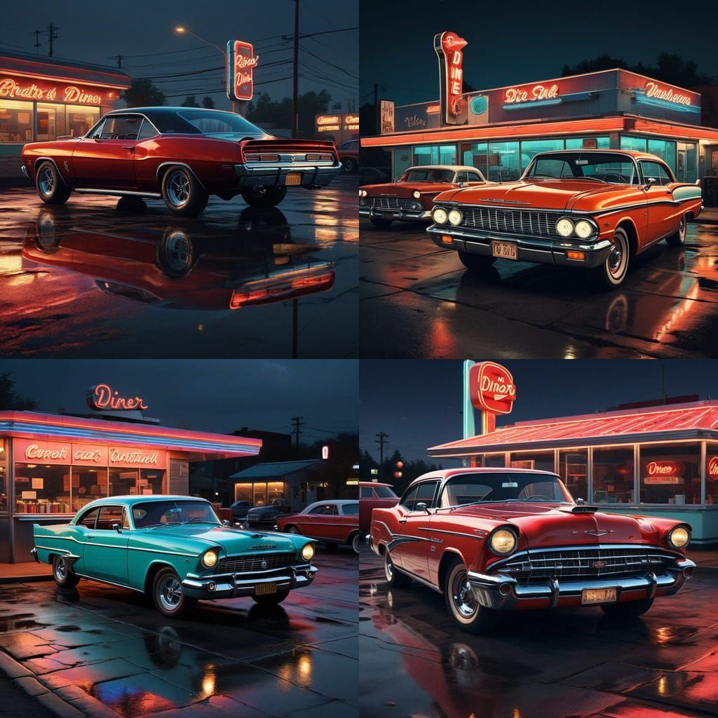 Classic Muscle Car Outside a Retro Diner