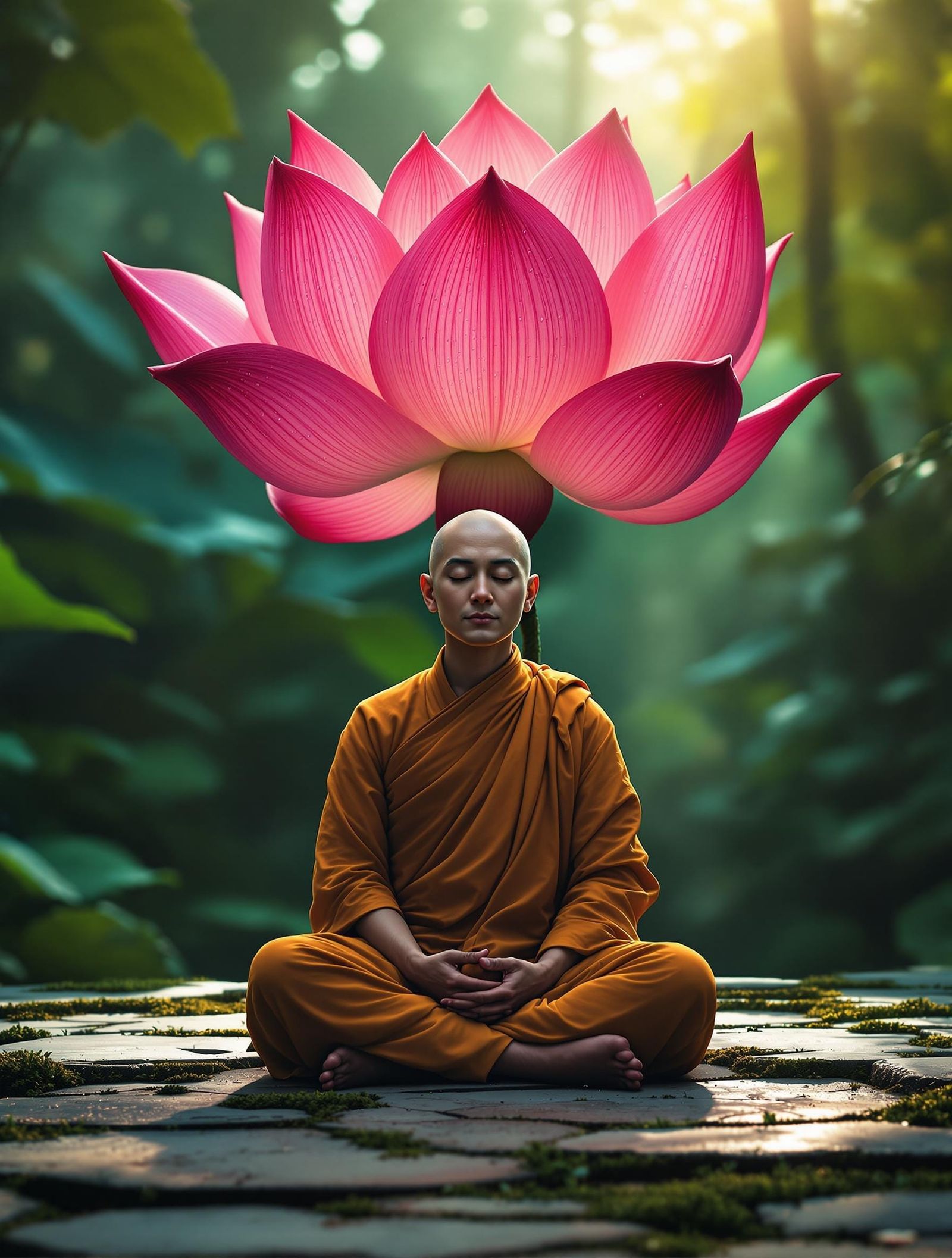 Monk Meditating Before a Lotus Blossom