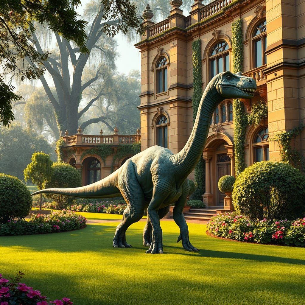 Elegant Brachiosaurus Strolls Through Majestic Mansion Groun...