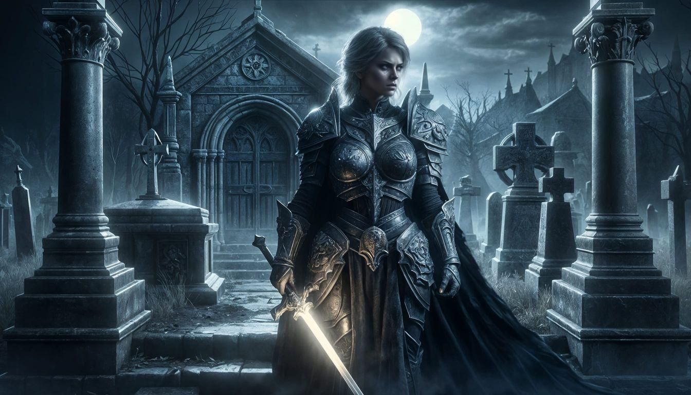 Female Warrior Guards Cemetery in Dark Fantasy Illustration