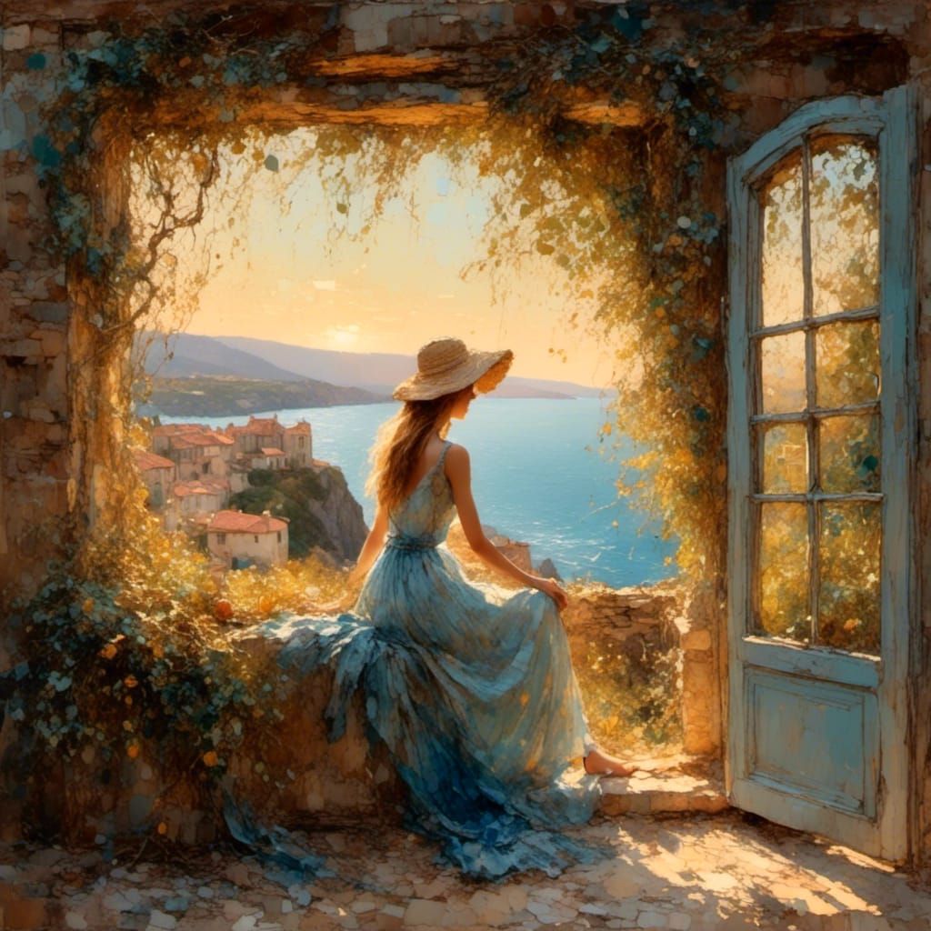 Impressionist Woman Gazing at Coastal View
