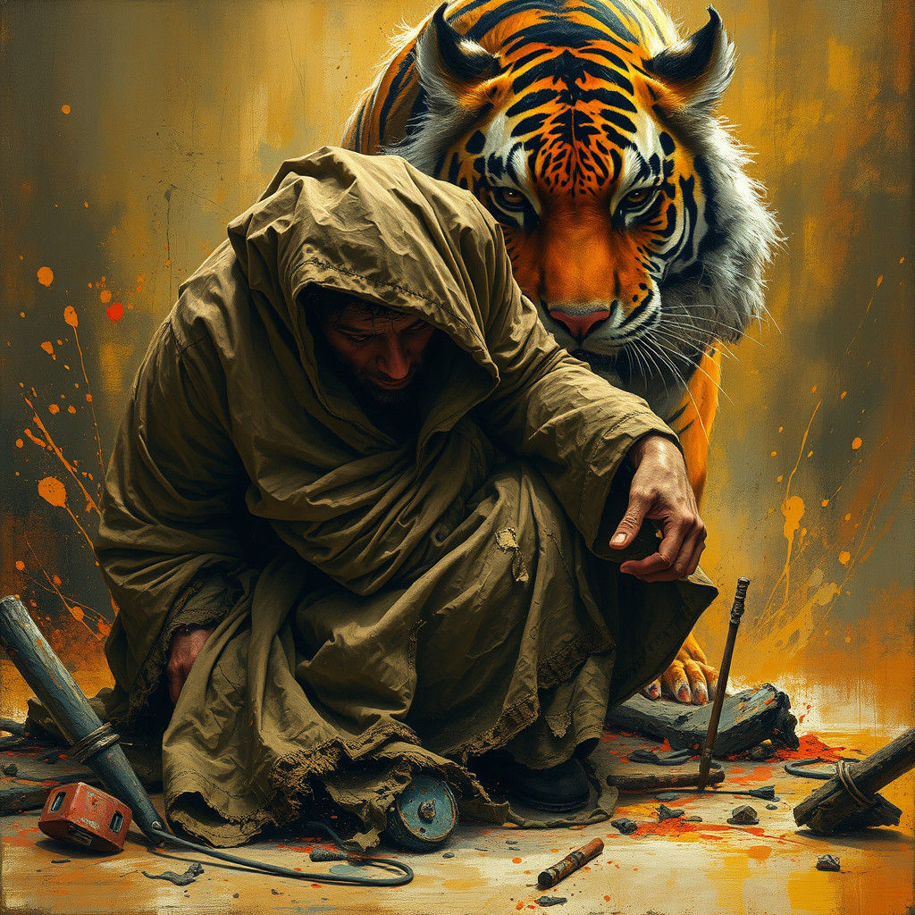 Terrified Figure Hiding from Tiger in Oil Paint