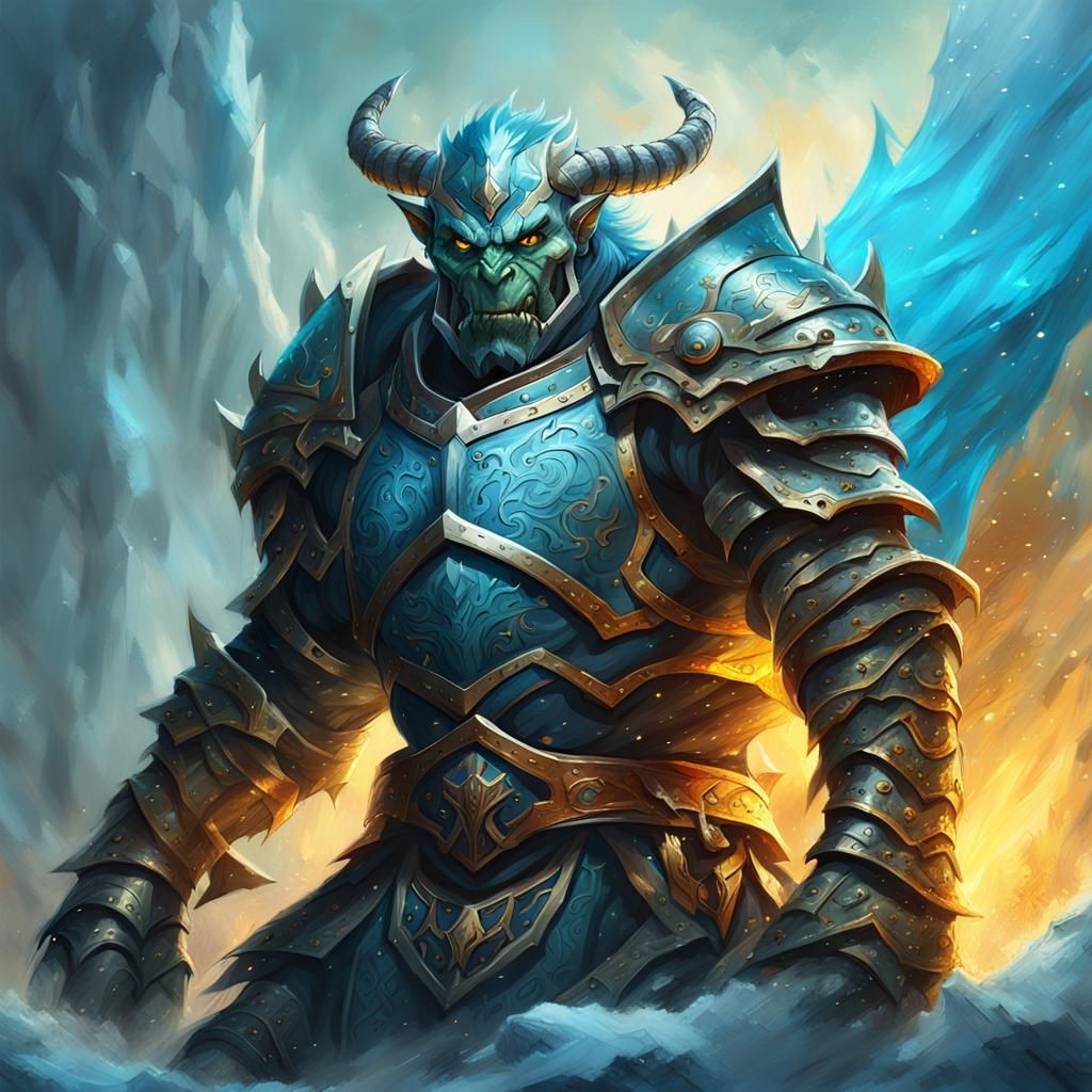 Orc Dragon Knight in Heroic Pose: Oil Painting