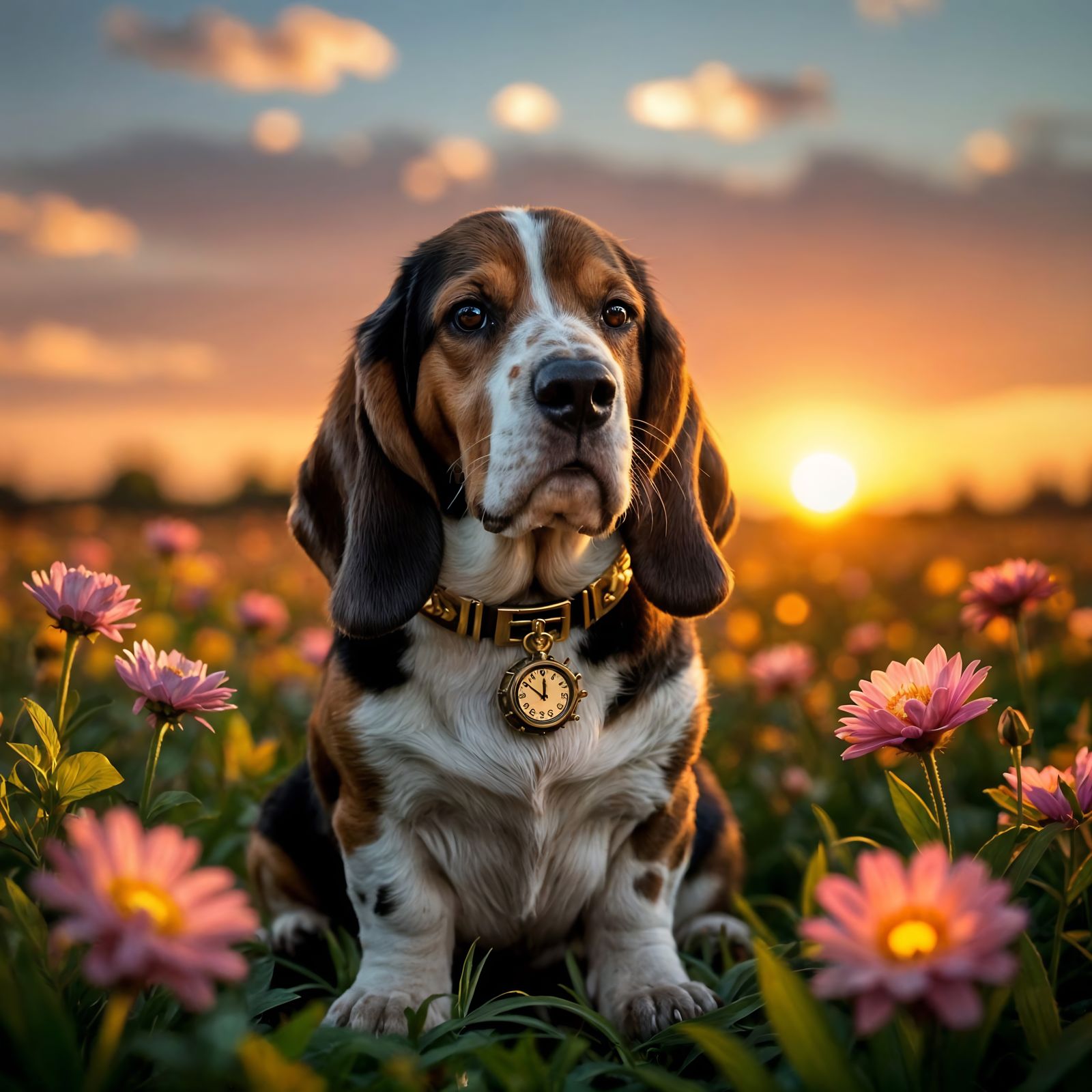 Majestic Basset Hound with Clockwork Collar and Goggles