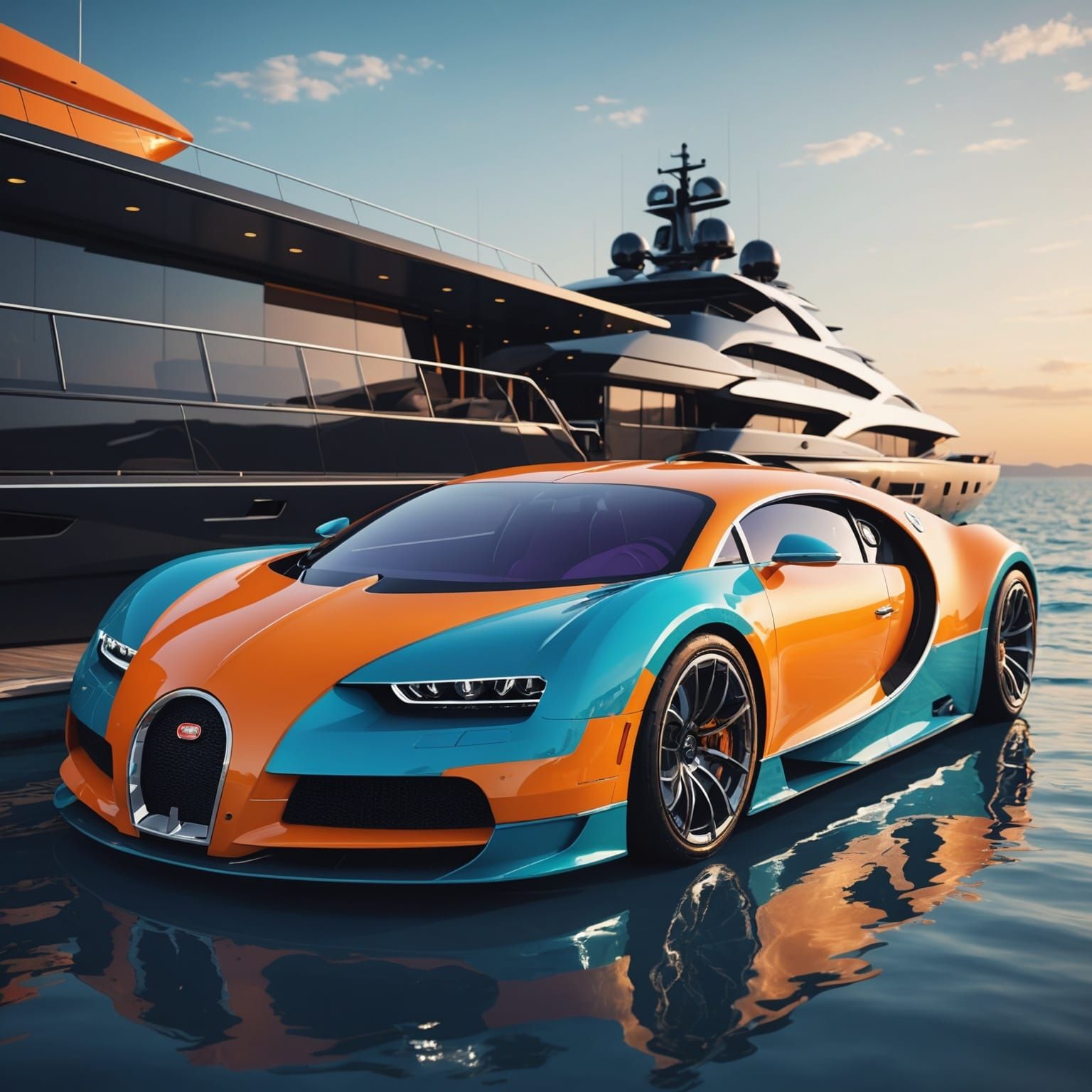 Luxurious Yacht with Futuristic Bugatti: 8K Concept Art