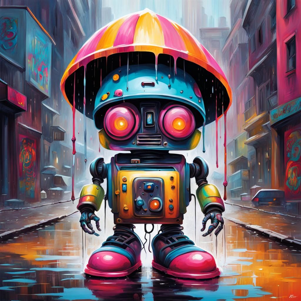 Robot with Skull Hat in Graffiti Splash Art Style