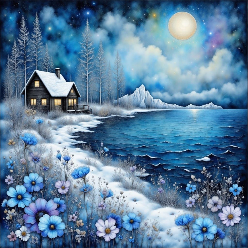 Watercolor Icy Ocean Shore with Cottage and Aurora