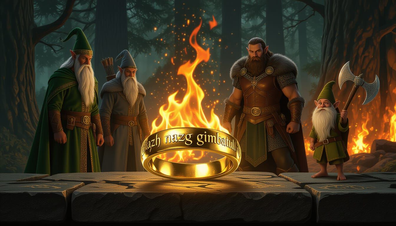 Fantasy Characters Guard Ring in Dark Forest, Cinematic Art