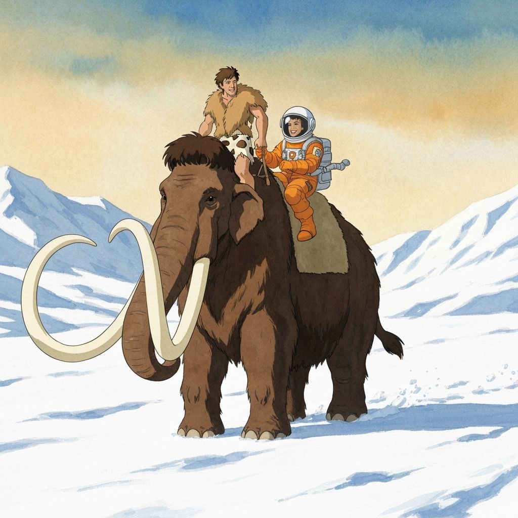 Caveman and Astronaut Ride Mammoth in Snowy Landscape