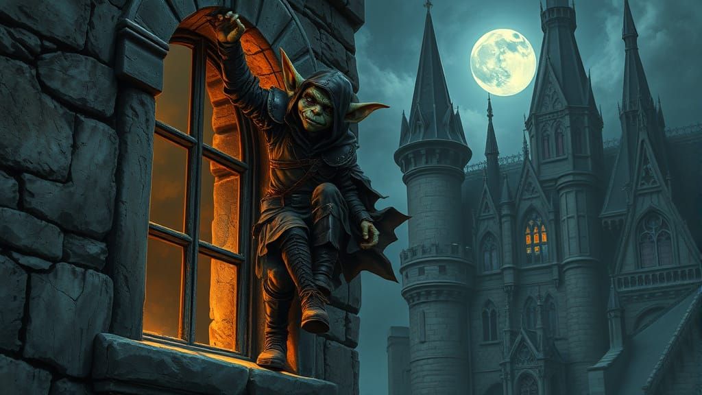 Goblin Rogue Infiltrates Moonlit Fantasy Castle