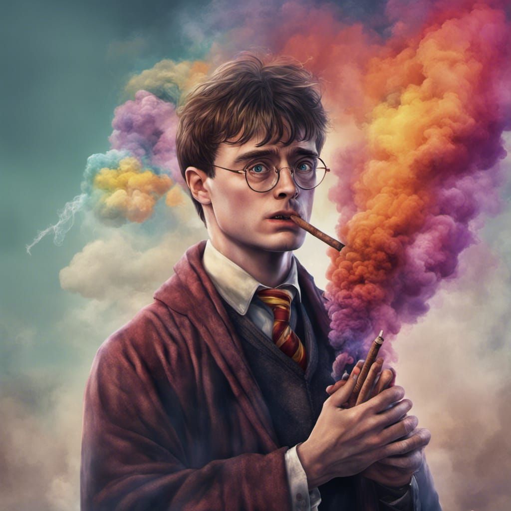 Stressed Harry Potter Smoking a Rainbow Cigar