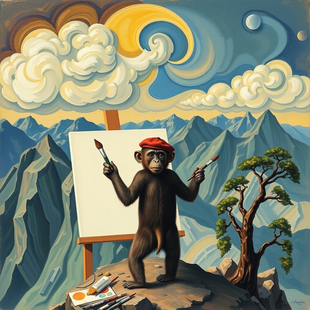 Monkey Artist Creates Cubist Landscape Painting