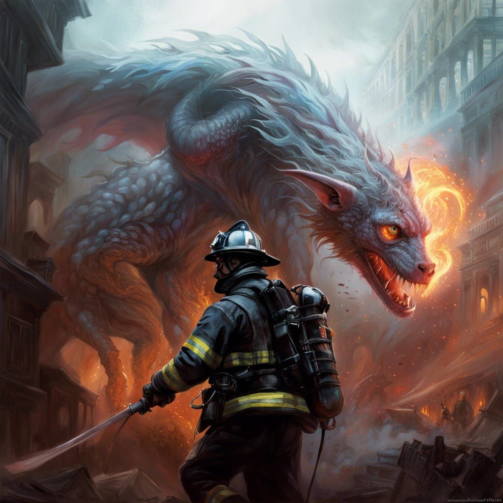Firefighter vs Fire Monster in Hyperrealistic Digital Art