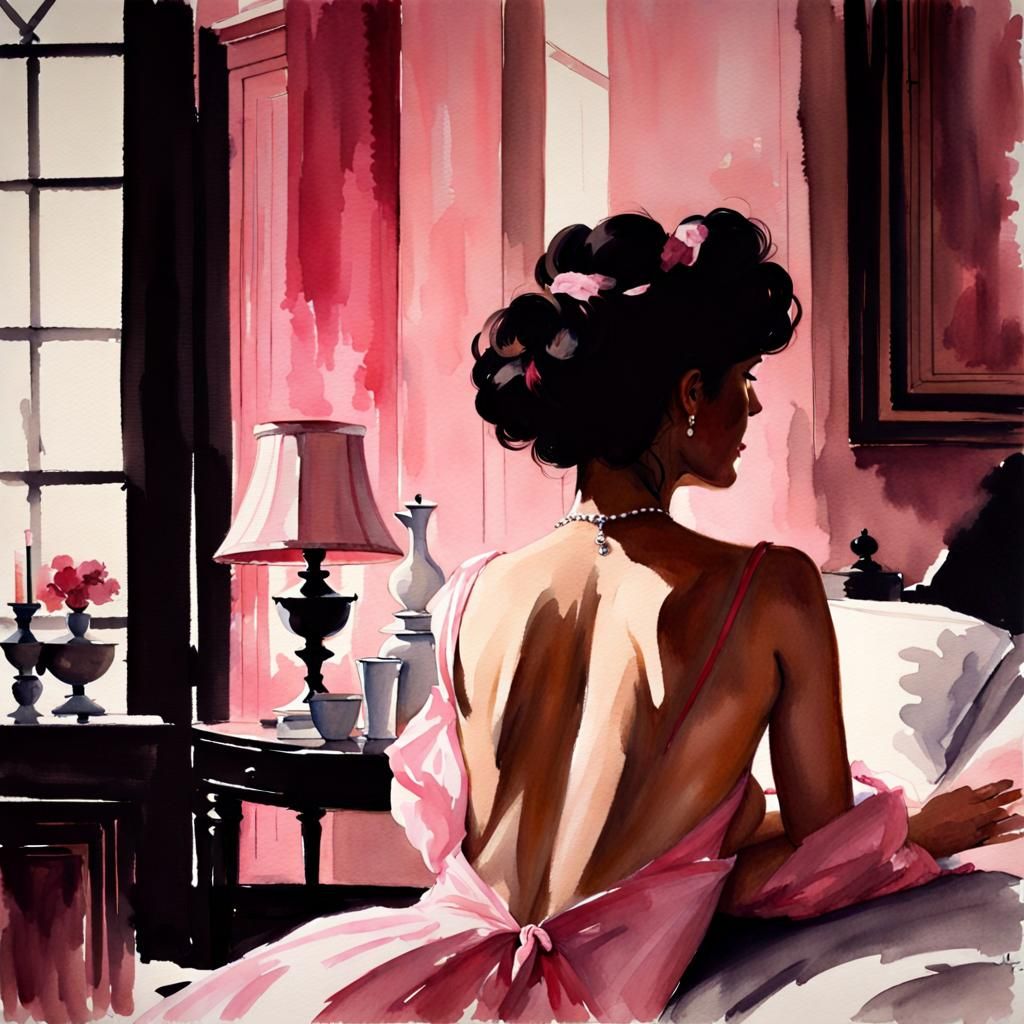 French Boudoir Scene in Watercolour Style