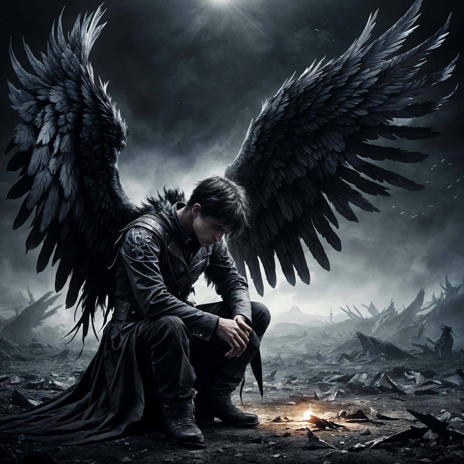 Fallen Angel Kneeling in Desolate Landscape, Gothic Art