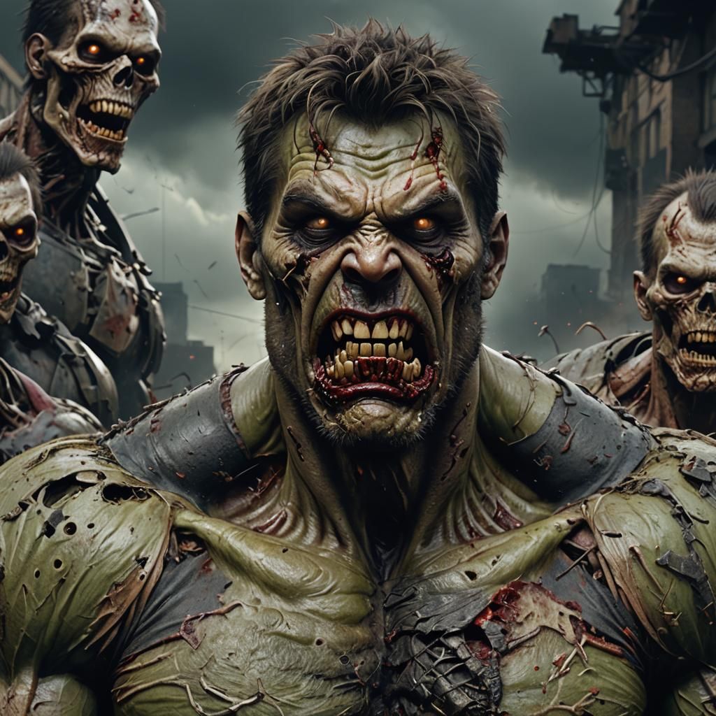 Hyperrealistic Portrait: Towering Muscular Zombie