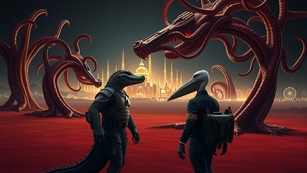 Dark Fantasy Worlds: Alligator Orcs Survey Alien Metropolis