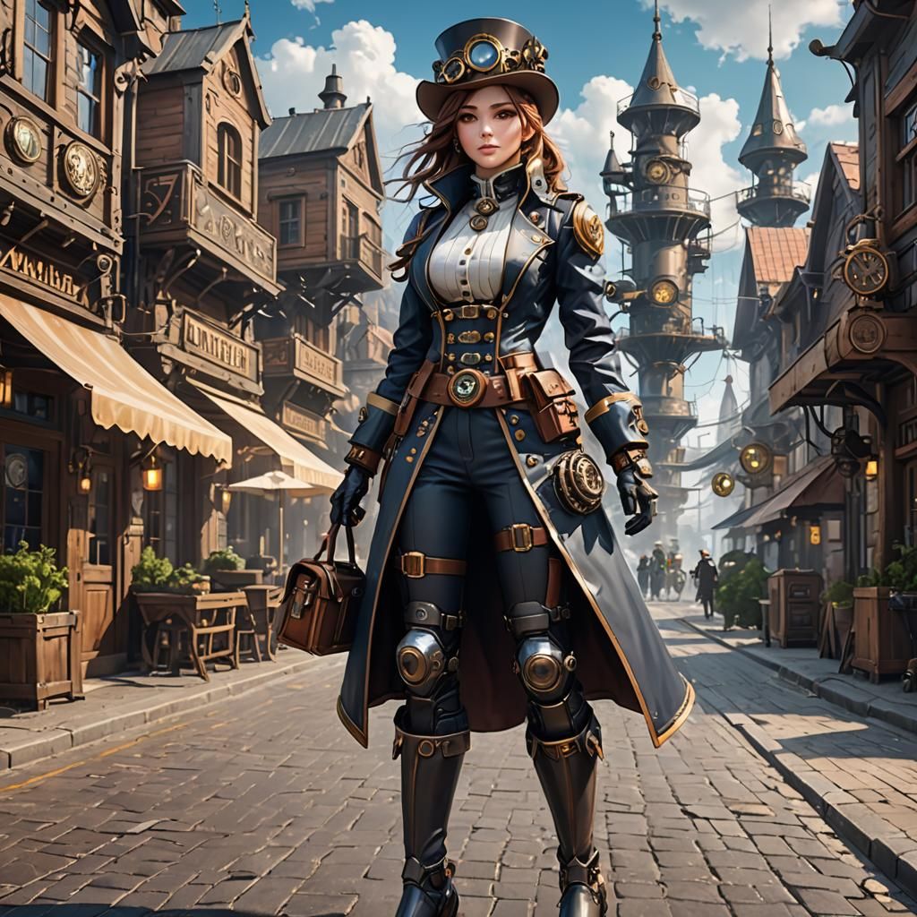 Steampunk Girl in Anime Style Village